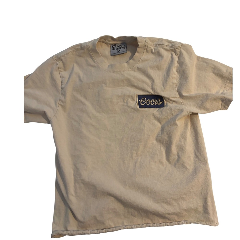 Coors Banquet‎ Beer Graphic T-Shirt Tan Embroidered Patch Logo Mens Medium